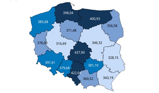 Zapadalnośc na cukrzycę na 100 tysięcy mieszkańców w podziale na województwa w roku 2014 (źródło: MZ).