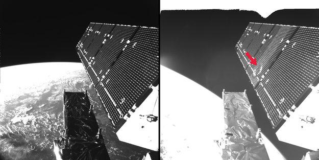 Panel baterii słonecznych satelity Sentinel-1A przed i po uderzeniu cząstki o rozmiarach kilku milimetrów (fot. ESA)