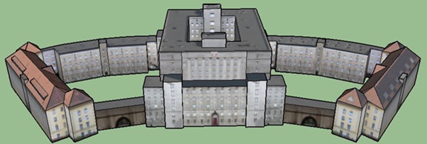 Przykład jednego z oteksturowanych modeli – kompleks domów studenckich przy Pl. Narutowicza (źródło: opracowanie własne)