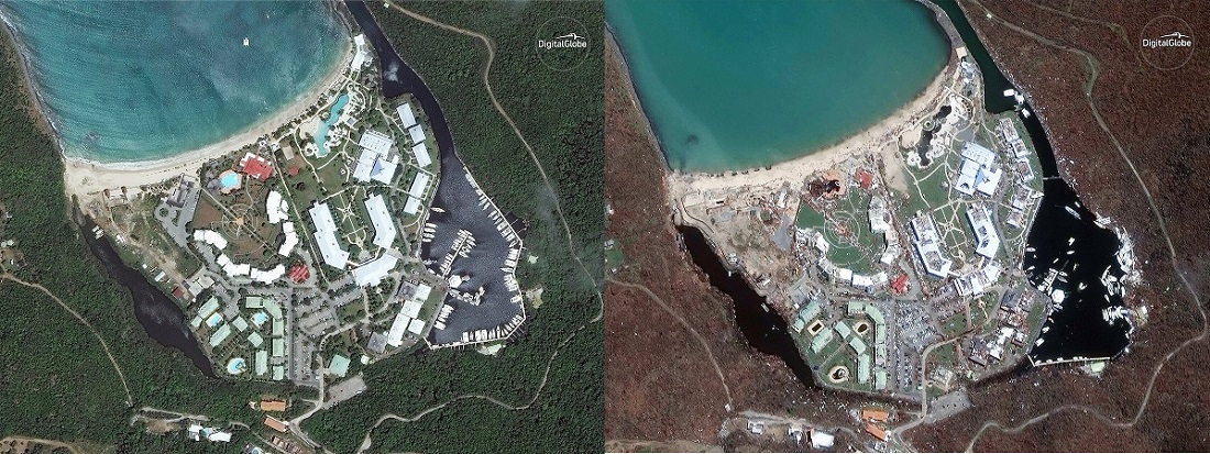 Wyspa Saint Martin na zdjęciu z 25 sierpnia (z lewej) i 11 września, już po przejściu huraganu Irma (fot. DigitalGlobe).