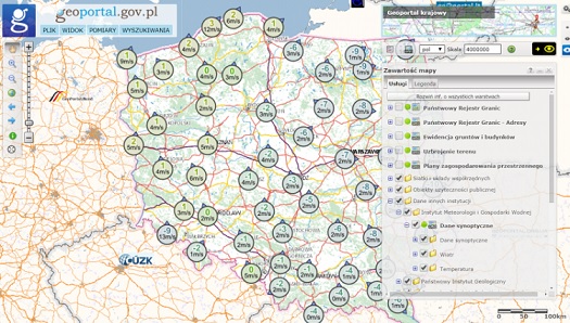 W serwisie geoportal.gov.pl udostępniono akrualne dane pogodowe IMGW (fot.geoportal.gov.pl)