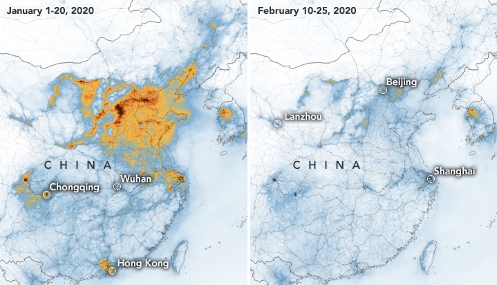 W Chinach po wprowadzeniu kwarantanny i ograniczeniu przemieszczania się wyraźnie spadła emisja dwutlenku azotu (fot. NASA)