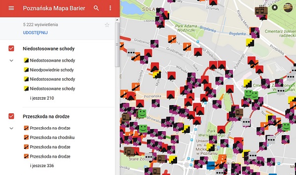 Poznań - mapa barier oraz miejsc parkingowych