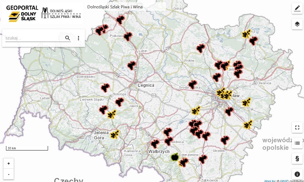 Dolnośląskie winnice i browary na mapie (fot. geoportal.dolnyslask.pl)