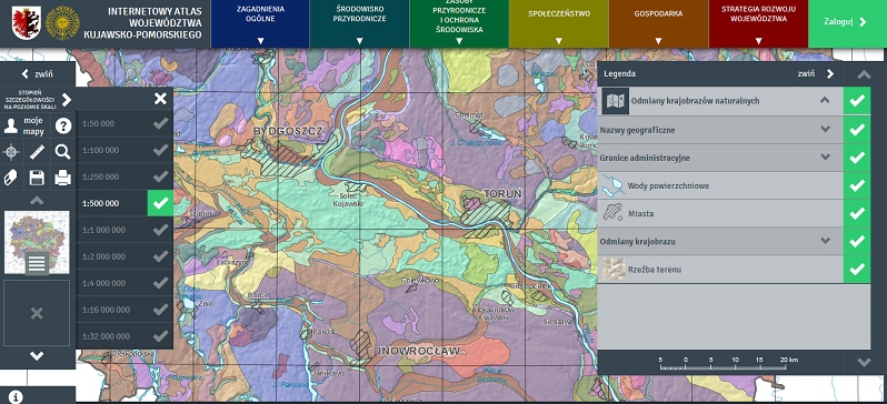 Mapa odmian krajobrazów naturalnych w Internetowym Atlasie Województwa Kujawsko-Pomorskiego