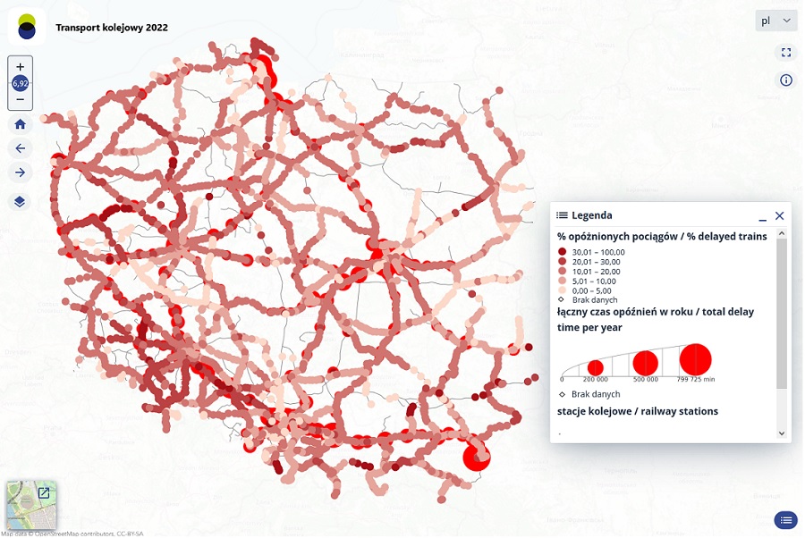 Mapy opóźnień i punktualności pociągów w Polsce