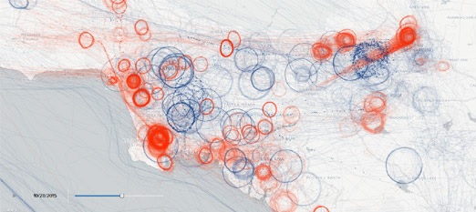 Mapa śladów amerykańskich samolotów szpiegowskich opublikowana przez portal Buzzfeed