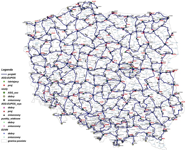 Ilustracja przedstawia mapę Polski z przebiegiem linii niwelacyjnych planowanych do pomiaru, wg prezentowanych założeń do modernizacji podstawowej osnowy geodezyjnej wysokościowej.