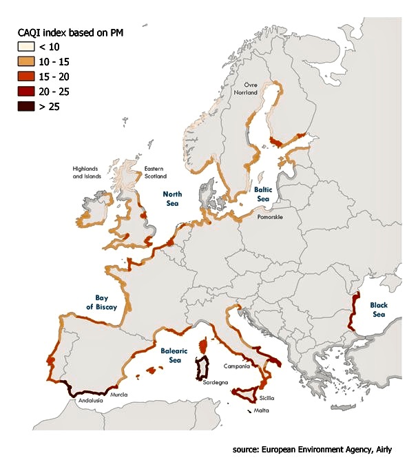 Mapa jakości powietrza nadmorskich regionów w Europie