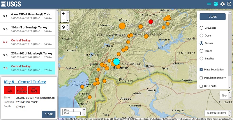 Trzęsienie ziemi w Turcji - 6 luty 2023  - mapa USGS