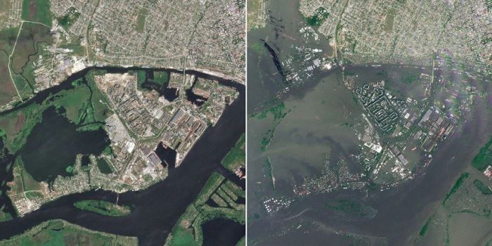 Powódż po zniszczeniu zapory na Dnieprze. Zdjęcia satelitarne przed i po