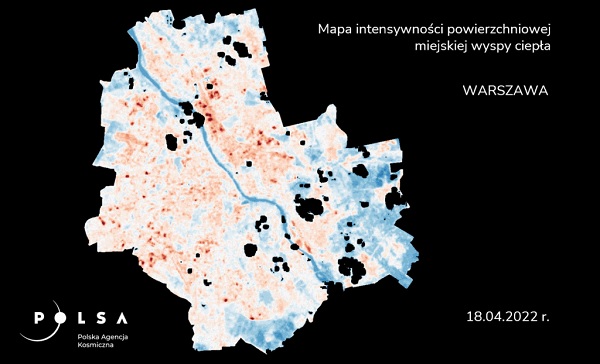 Mapa intensywności powierzchniowej miejskiej wyspy ciepła w 2022 roku dla Warszawy (fot. POLSA) 