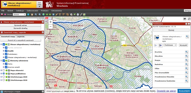 Mapa obszaru zdegradowanego i obszaru rewitalizacji we wrocławskim geoportalu