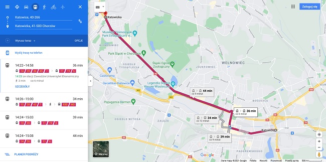 Lokalizacja pojazdów komunikacji miejskiej GZM na Mapach Google