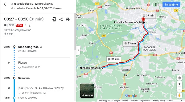 Połączenia Kolei Małopolskich na Mapach Google