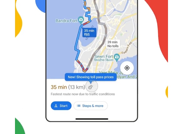 Nawigacja Map Google z informacją o wysokości opłat za drogi.