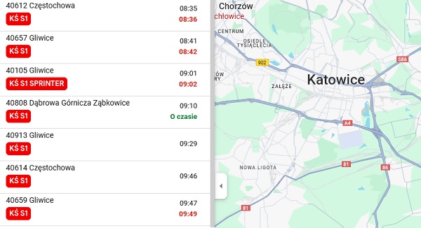 Koleje Śląskie na Mapach Google w czasie rzeczywistym