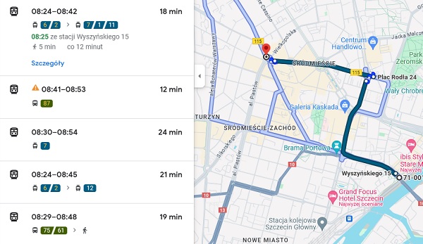 Informacje o komunikacji miejskiej w Szczecinie na Mapach Google