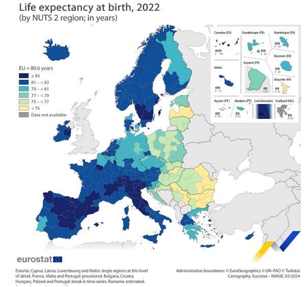 Oczekiwana długość życia w chwili urodzenia w krajach UE (fot. Eurostat)