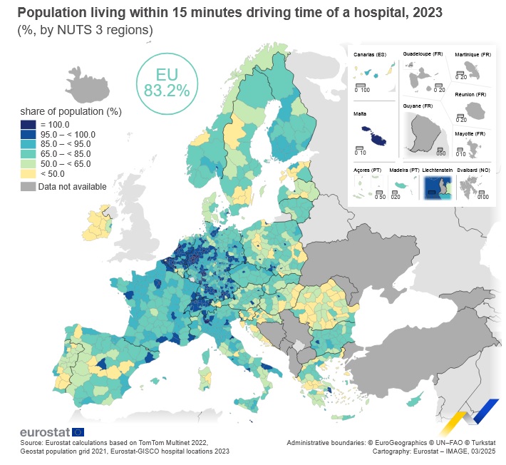 Dostępność szpitali w regionach Unii Europejskiej. Kto dojedzie w 15 minut samochodem?