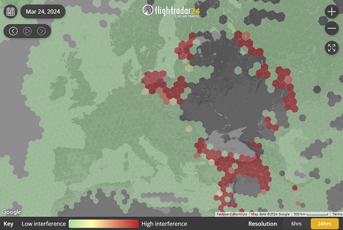 FlightRadar udostępnia mapę zakłóceń systemów nawigacji satelitarnej