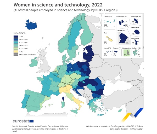 Kobiety pracujące w sektorze nauki i technologii, 2022 (fot. Eurostat)