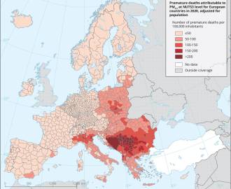 Mapa zgonów spowodowanych przez zanieczyszczenie powietrza w Europie