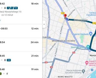 Informacje o komunikacji miejskiej w Szczecinie na żywo na Mapach Google