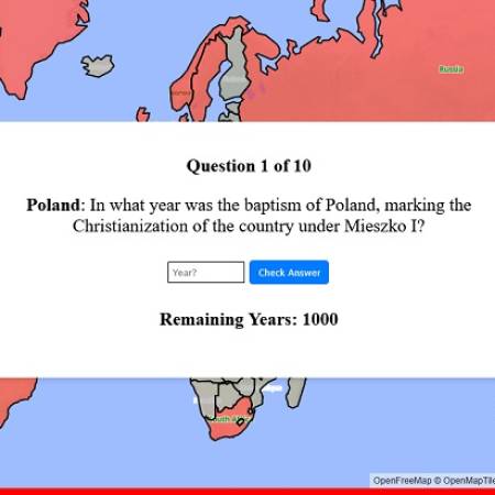 Quiz historyczny: Wybierz kraj z mapy i odpowiedz na 10 pytań