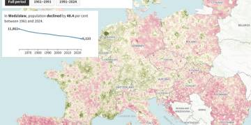 Mapa wyludnionej Europy. Znikają wsie i małe miasta
