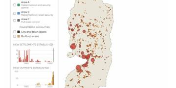 Mapa rozprzestrzeniania się nielegalnych izraelskich osiedli na terenie Palestyny